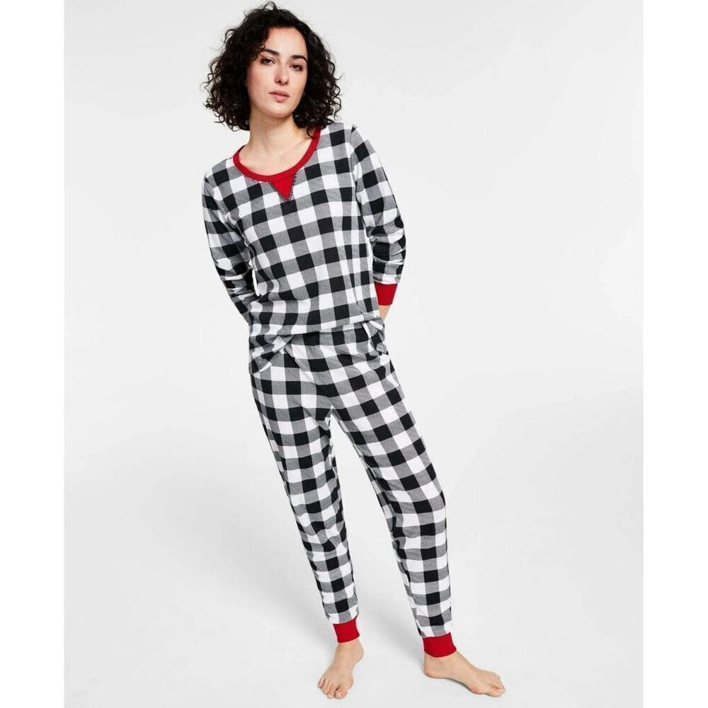 Family Pajamas Matching Black and White Thermal Buffalo Check Set for Kids Sz  L